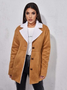 SHEIN Contrast Faux Shearling Notch Collar Suede Coat