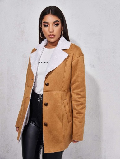 SHEIN Contrast Faux Shearling Notch Collar Suede Coat