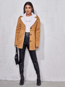 SHEIN Contrast Faux Shearling Notch Collar Suede Coat