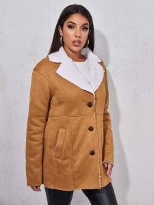 SHEIN Contrast Faux Shearling Notch Collar Suede Coat