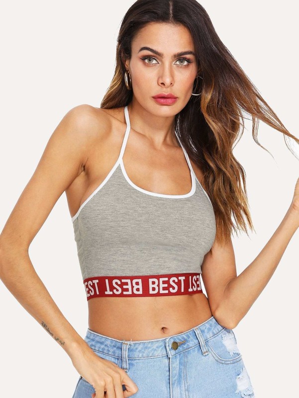 SHEIN Contrast Letter Hem Halter Crop Top