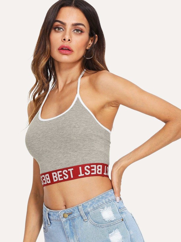 SHEIN Contrast Letter Hem Halter Crop Top