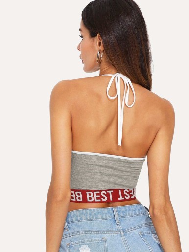 SHEIN Contrast Letter Hem Halter Crop Top