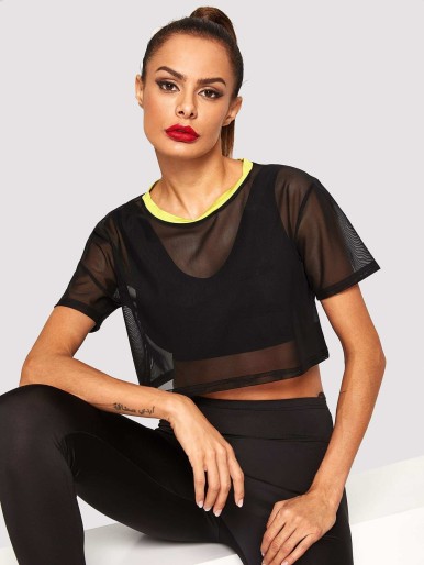 SHEIN Contrast Neck Sheer Crop Top Without Sports Bra