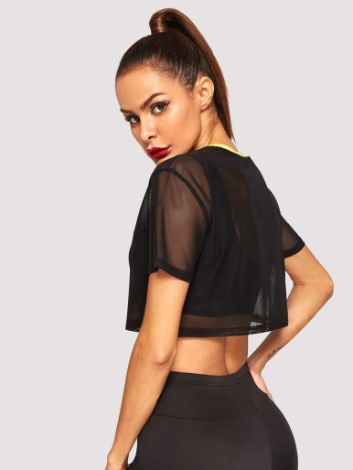 SHEIN Contrast Neck Sheer Crop Top Without Sports Bra