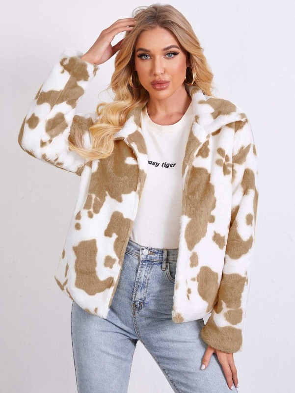 SHEIN Cow Print Open-Front Coat