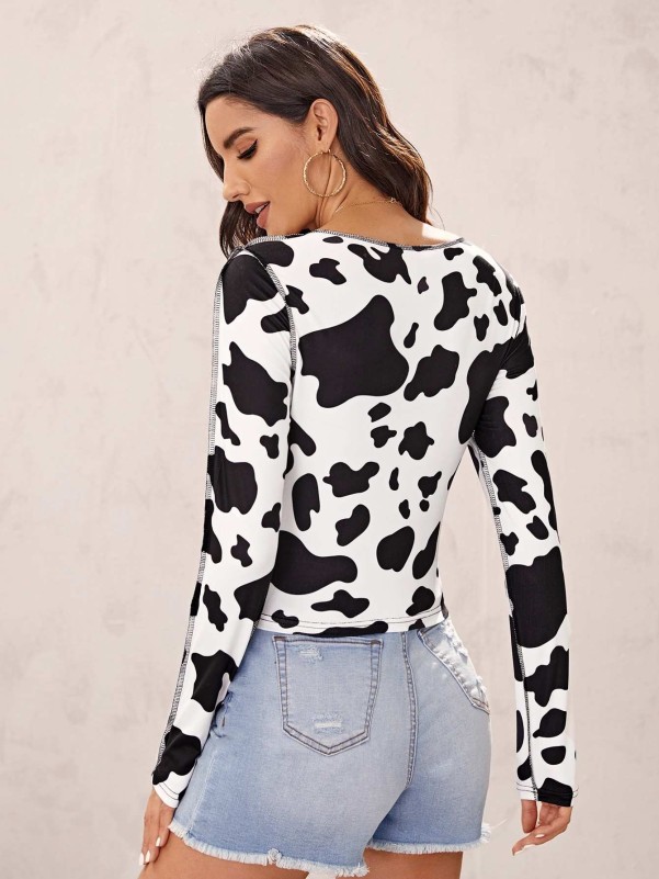 SHEIN Cow Print Seam Front Rhinestone Lace-up Placket Top