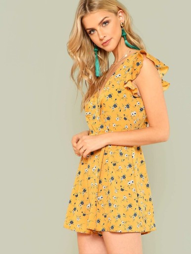 Flounce Shoulder Calico Print Wrap Romper