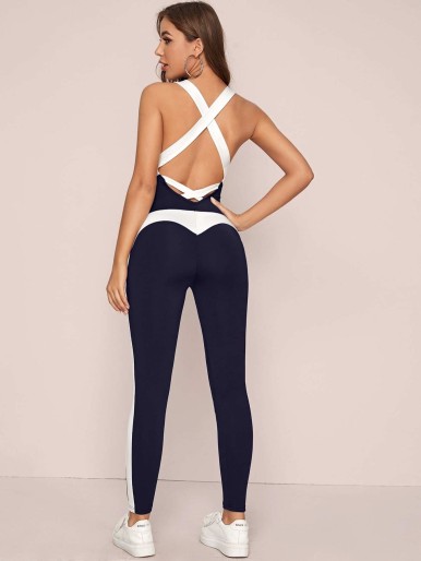 SHEIN Crisscross Backless Two Tone Unitard Jumpsuit