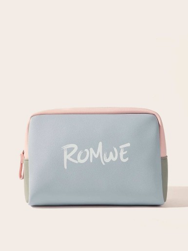 ROMWE Logo Print Colorblock PU Cosmetic Storage Bag