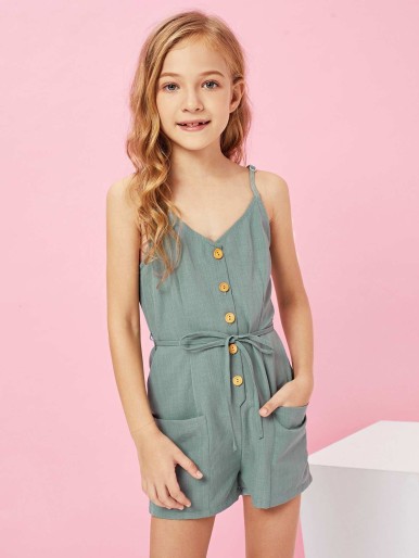 SHEIN Girls Button Up Pocket Patched Tie Waist Jumpsuit