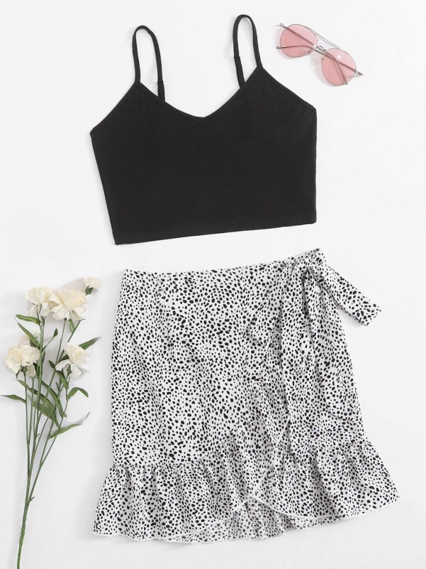 SHEIN Crop Cami Top & Wrap Knotted Dalmatian Skirt Set
