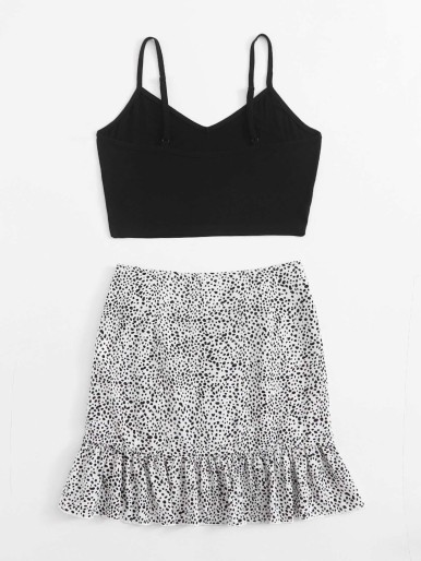 SHEIN Crop Cami Top & Wrap Knotted Dalmatian Skirt Set