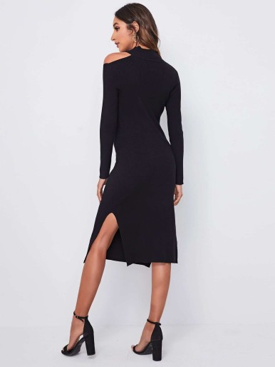 SHEIN Cut Out Criss Cross Slit Hem Rib-knit Sweater Dress