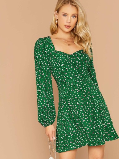 SHEIN Ditsy Floral Cut-out Shirred Back Dress