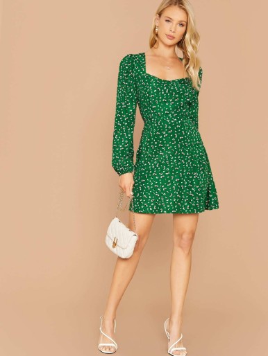 SHEIN Ditsy Floral Cut-out Shirred Back Dress