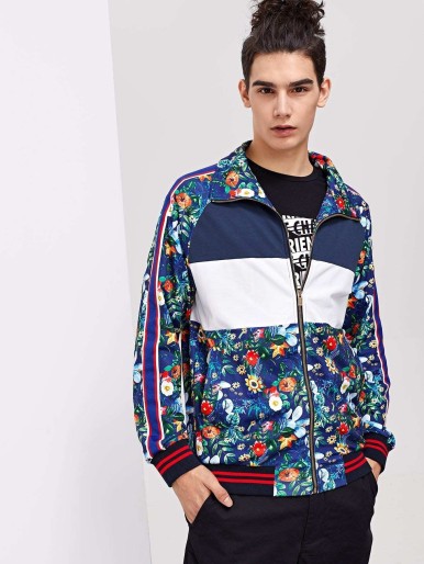 Men Zip Up Cut and Sew Floral Jacket