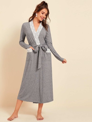 SHEIN Double Pocket Lace Trim Belted Robe