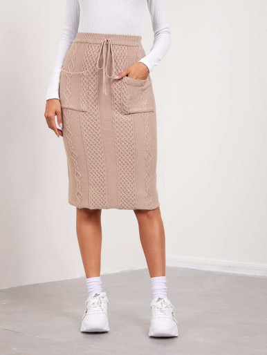 SHEIN Drawstring Waist Patch Pocket Textured Knit Skirt