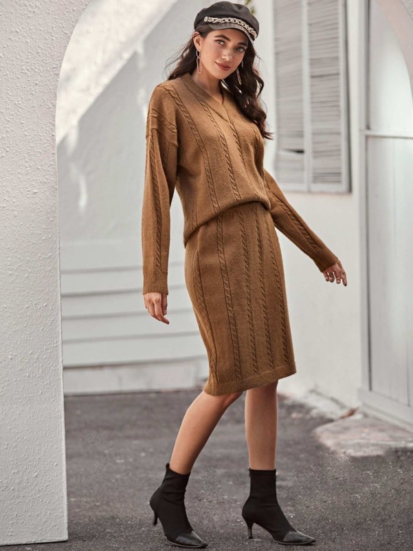 SHEIN Drop Shoulder Cable Knit Sweater & Skirt Set
