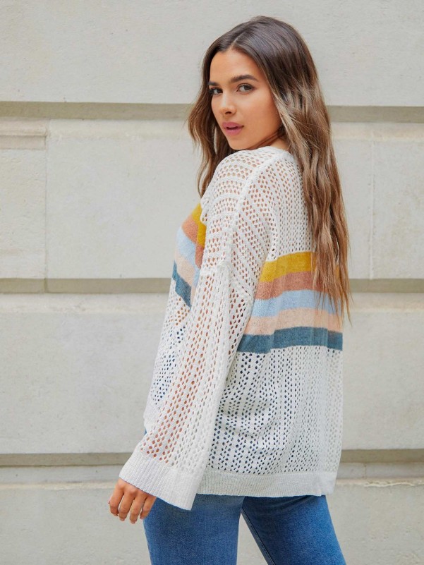 Striped pointelle knit sweater