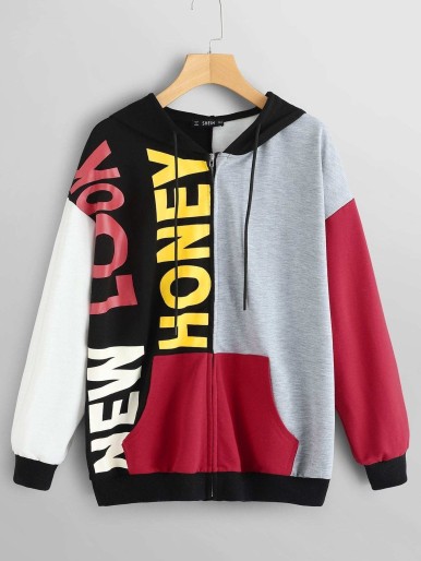 Color Block Lettering Drawstring Hoodie