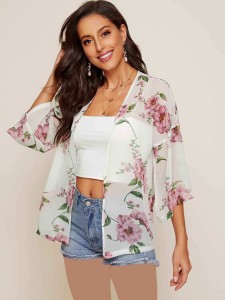 SHEIN Drop Shoulder Floral Print Kimono