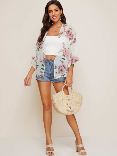 SHEIN Drop Shoulder Floral Print Kimono