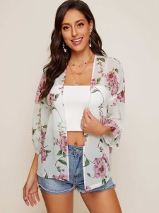 SHEIN Drop Shoulder Floral Print Kimono