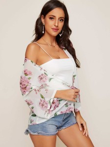 SHEIN Drop Shoulder Floral Print Kimono