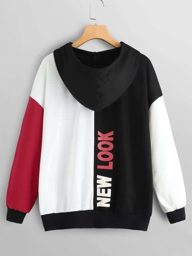 Color Block Lettering Drawstring Hoodie