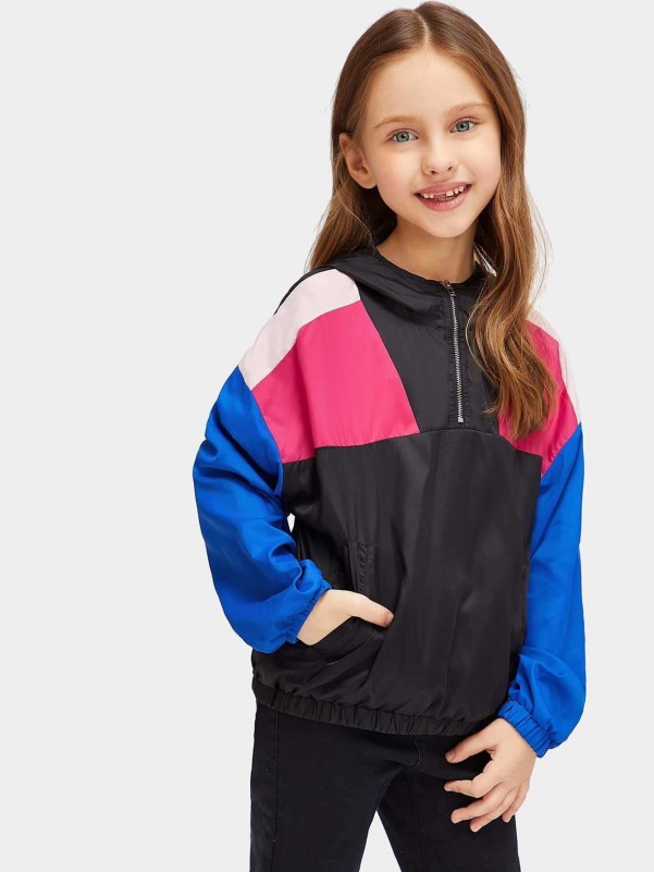 Girls Half Placket Color Block Windbreaker Jacket