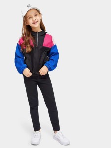 Girls Half Placket Color Block Windbreaker Jacket