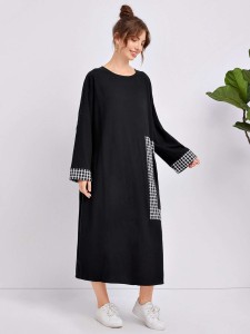 SHEIN Drop Shoulder Grid Panel Patch Pocket Dress