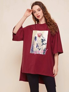 SHEIN Drop Shoulder High-low Hem Floral & Letter Graphic Tee