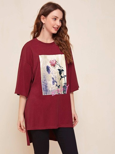 SHEIN Drop Shoulder High-low Hem Floral & Letter Graphic Tee