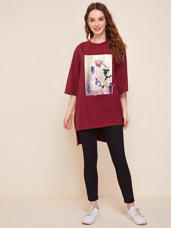 SHEIN Drop Shoulder High-low Hem Floral & Letter Graphic Tee