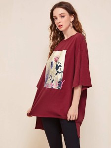 SHEIN Drop Shoulder High-low Hem Floral & Letter Graphic Tee