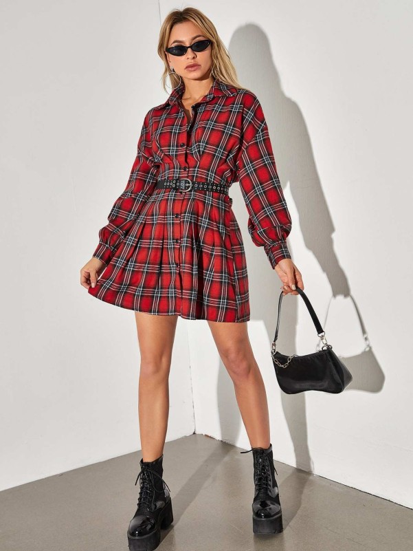 SHEIN Drop Shoulder Plaid Shirt Dress