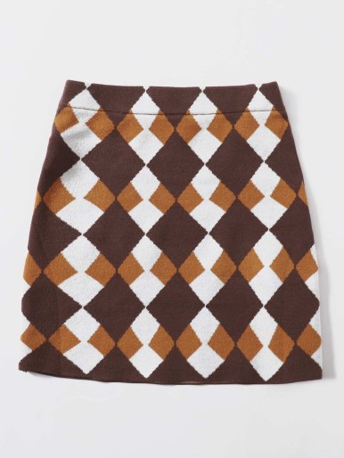 SHEIN Elastic Waist Argyle Pattern Knit Skirt