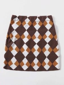 SHEIN Elastic Waist Argyle Pattern Knit Skirt