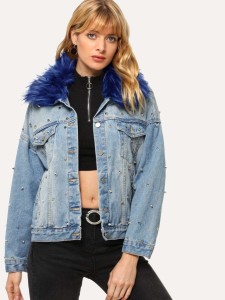 Studded Faux Fur Neckline Drop Shoulder Denim Jacket