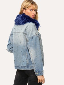 Studded Faux Fur Neckline Drop Shoulder Denim Jacket