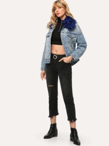 Studded Faux Fur Neckline Drop Shoulder Denim Jacket