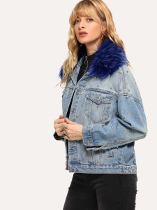 Studded Faux Fur Neckline Drop Shoulder Denim Jacket