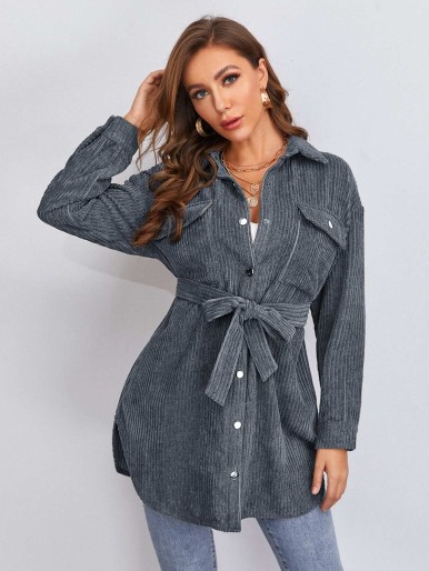 SHEIN Flap Pocket Front Self Belted Cord Coat