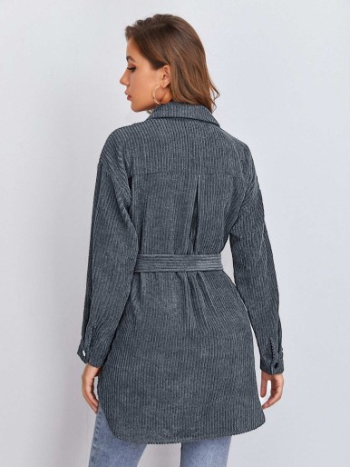 SHEIN Flap Pocket Front Self Belted Cord Coat