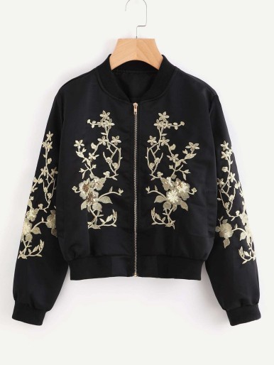 Flower Embroidered Sequin Detail Ribbed Trim Jacket