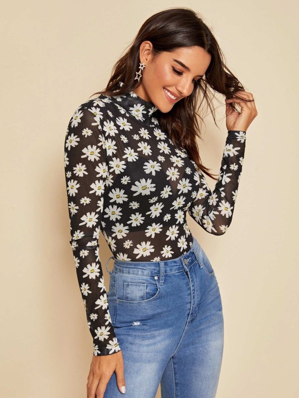 SHEIN Floral Print Sheer Mesh Braless Top