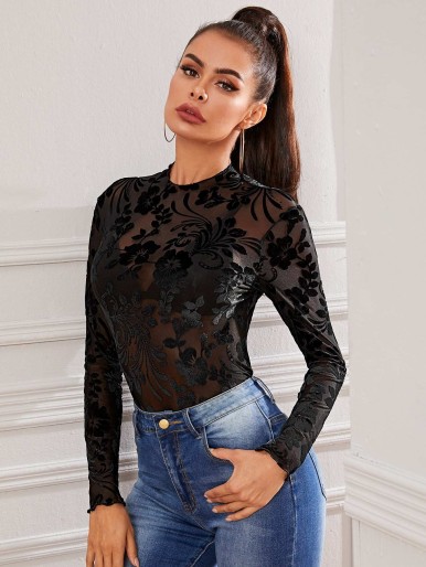 SHEIN Floral Print Sheer Mesh Top Without Bra